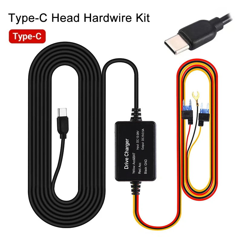 Original Type-C Buck Line 5V 3A DVR Hardwire Kit Car Dash Camera Charger 24H Parking Monitoring