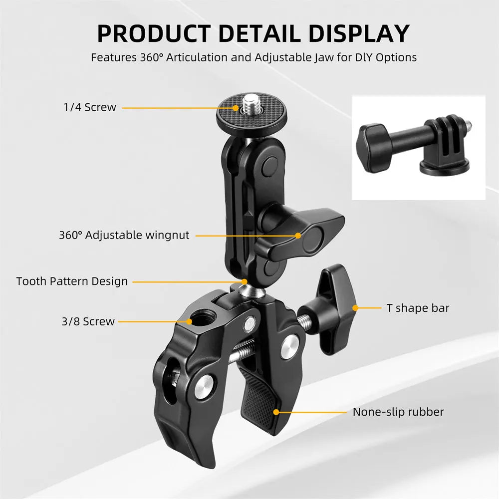 Super Clamp Camera Clamp Mount Monitor 360° Ballhead Magic Arm Adapter With1/4"-20 3/8" for Canon Nikon DSLR Camera/Gopro/Lights