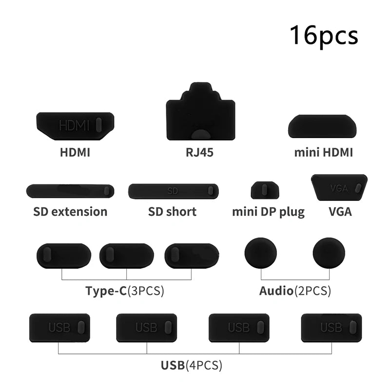 1Set/16Pcs Silicone Notebook anti Dust Plug Cover Stopper Type C Laptop Dustproof USB Port HDTV RJ45 Interface Waterproof Cover