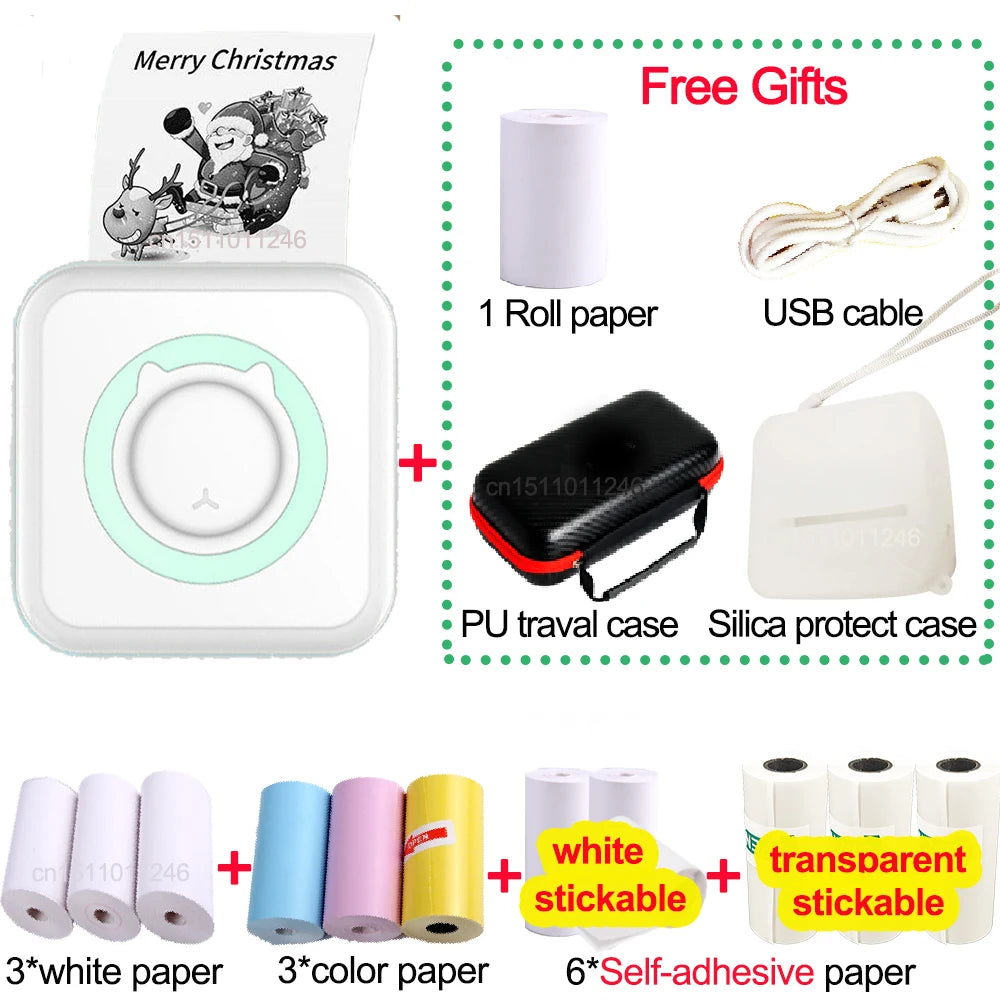 Pocket Thermal Printer Bluetooth 200Dpi Photo Label Memo List No Ink Printing Wireless Portable Mini Printer with PU Travel Case