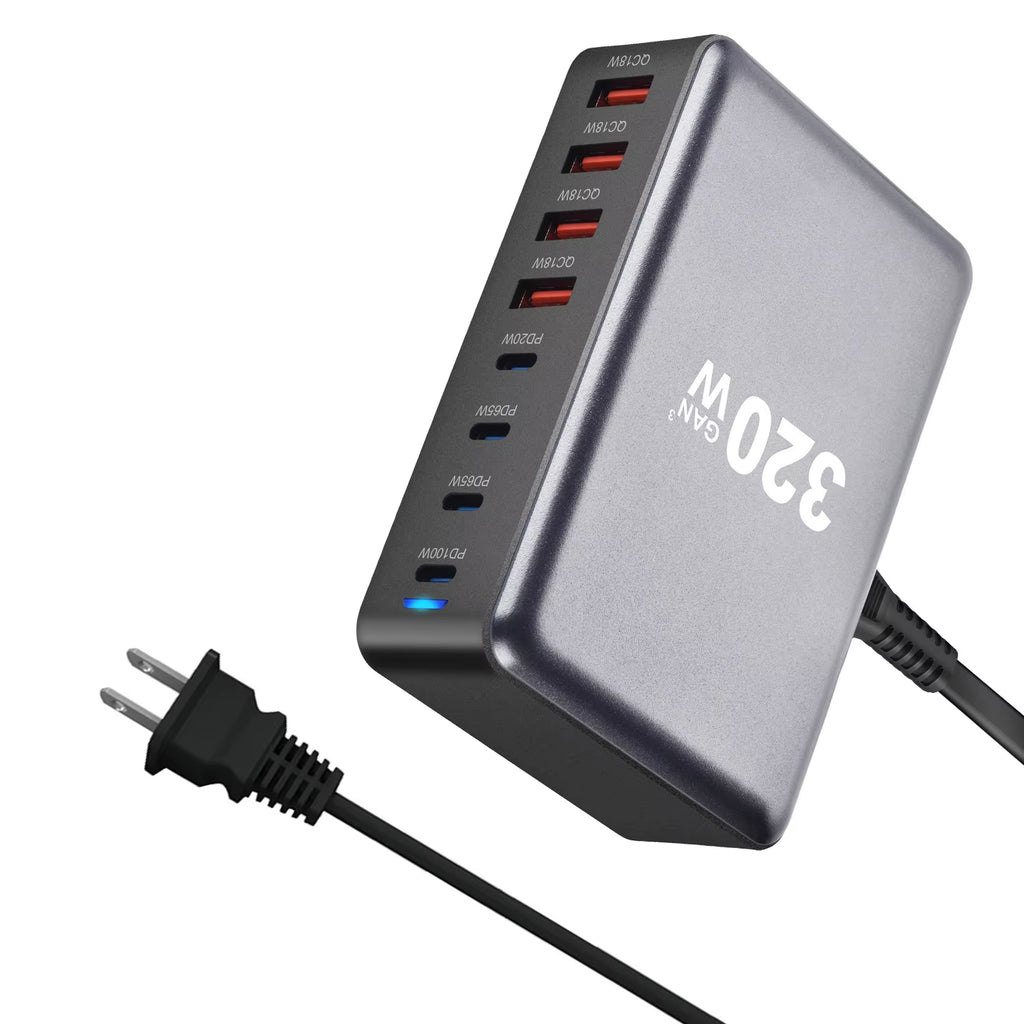New 320W Desktop Charger Gan Fast Charging 8-Port C-Type PD Mobile Charging Station Is Suitable for Tablets and Smartphones