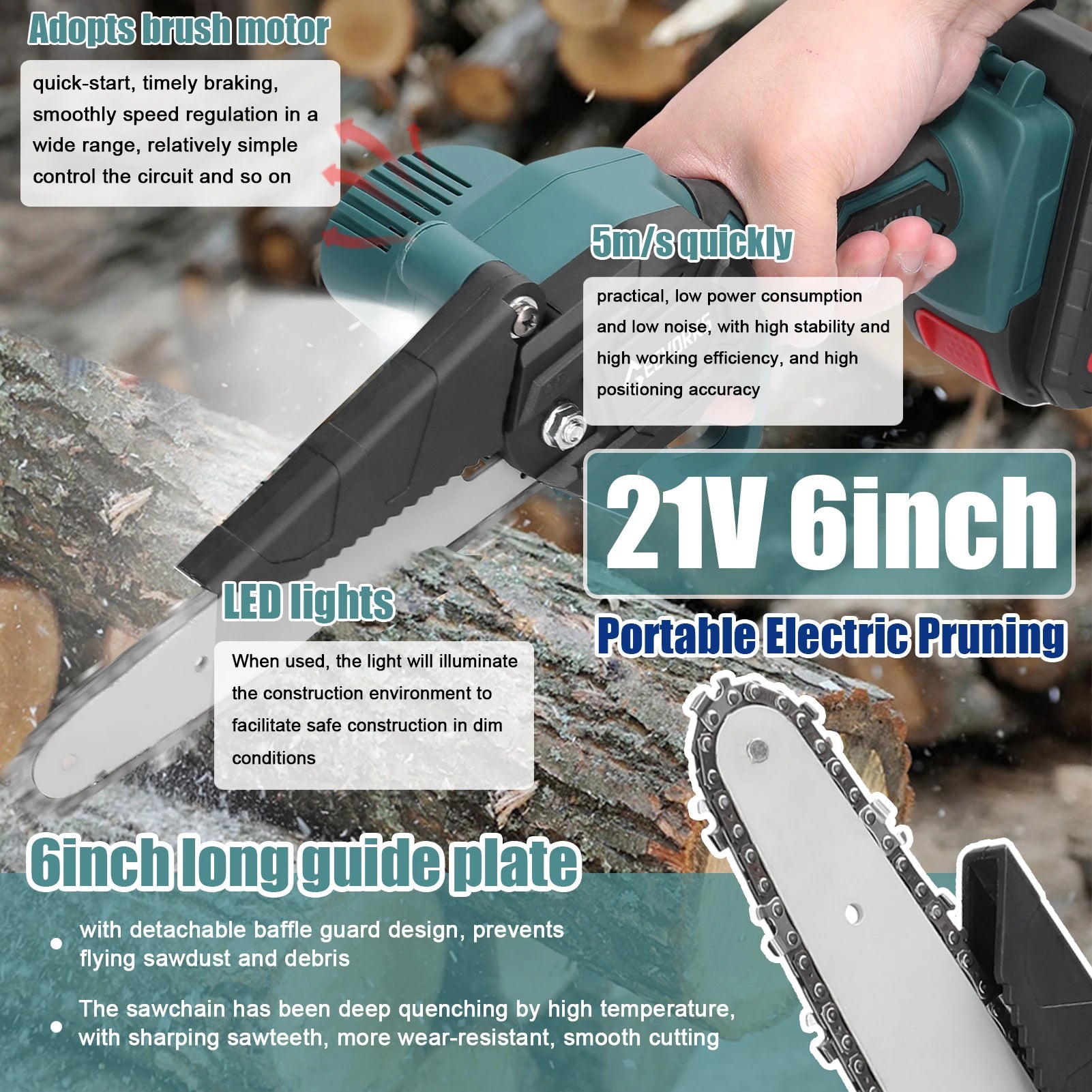 21V 6Inch Portable Electric Pruning Saws Rechargeable Small Wood Spliting Chainsaw One-Handed Woodworking Tool for Garden Orchar