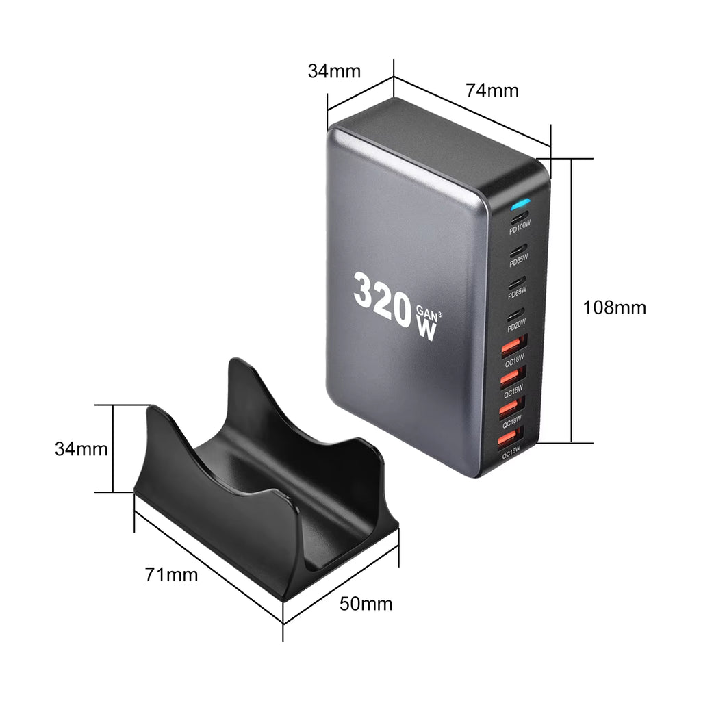 New 320W Desktop Charger Gan Fast Charging 8-Port C-Type PD Mobile Charging Station Is Suitable for Tablets and Smartphones