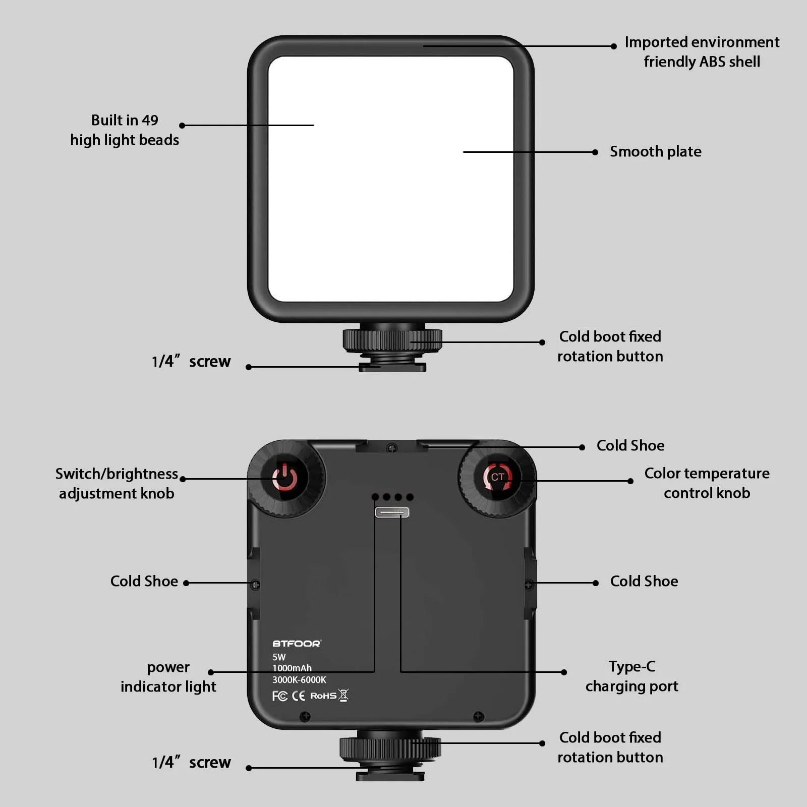 LED Video Light Portable Photography On-Camera 3000K-6000K Bi-Color Lighting Cold Shoe for DSLR Camera Camcorder Gopro Vlog