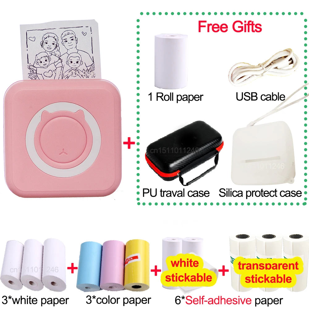 Pocket Thermal Printer Bluetooth 200Dpi Photo Label Memo List No Ink Printing Wireless Portable Mini Printer with PU Travel Case
