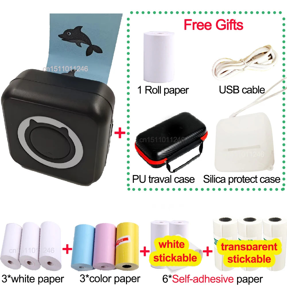 Pocket Thermal Printer Bluetooth 200Dpi Photo Label Memo List No Ink Printing Wireless Portable Mini Printer with PU Travel Case