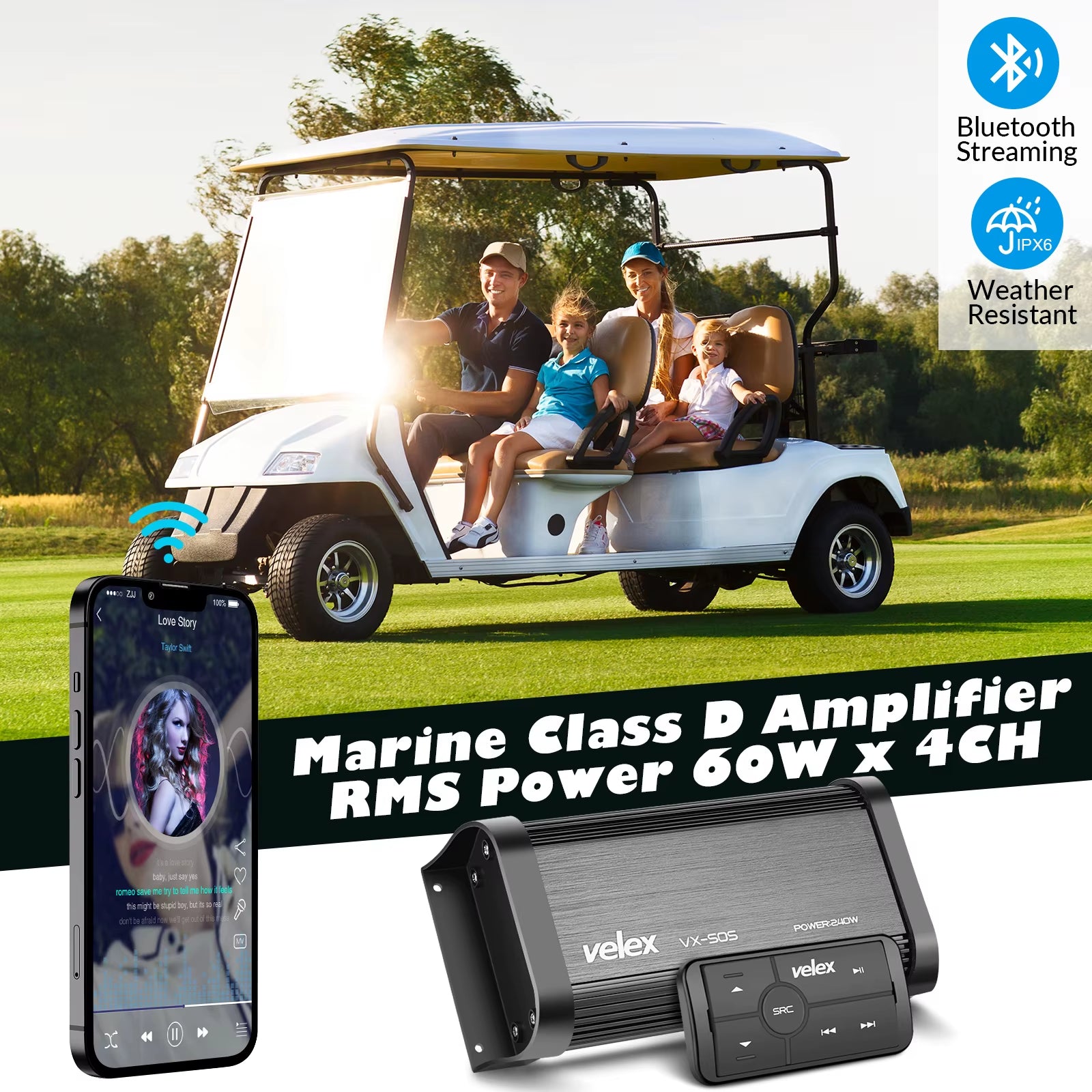 Marine Bluetooth Amplifier 4 Channel Class D 240W Amp Stereo on Boats UTV ATV Golf Carts and Cars