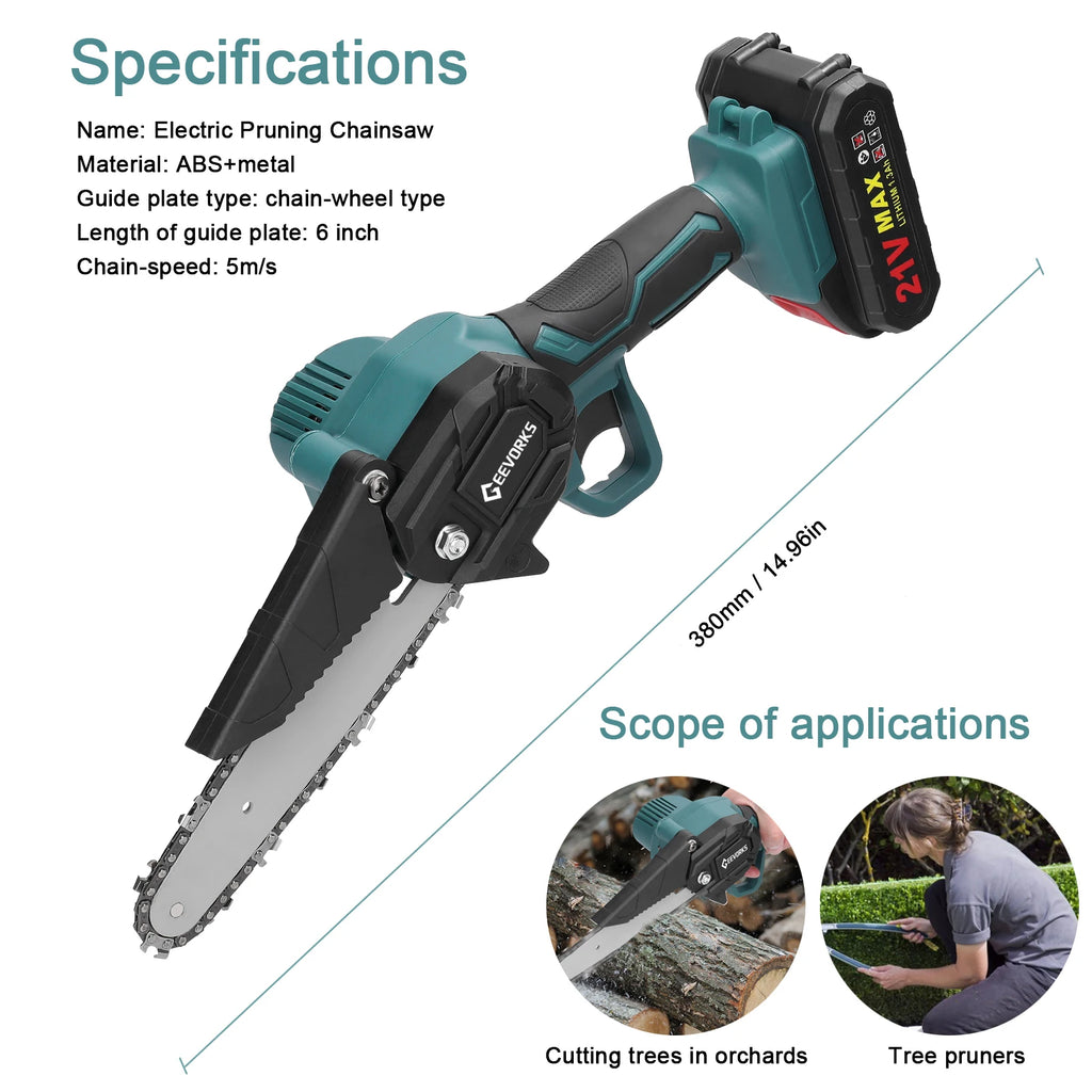 21V 6Inch Portable Electric Pruning Saws Rechargeable Small Wood Spliting Chainsaw One-Handed Woodworking Tool for Garden Orchar