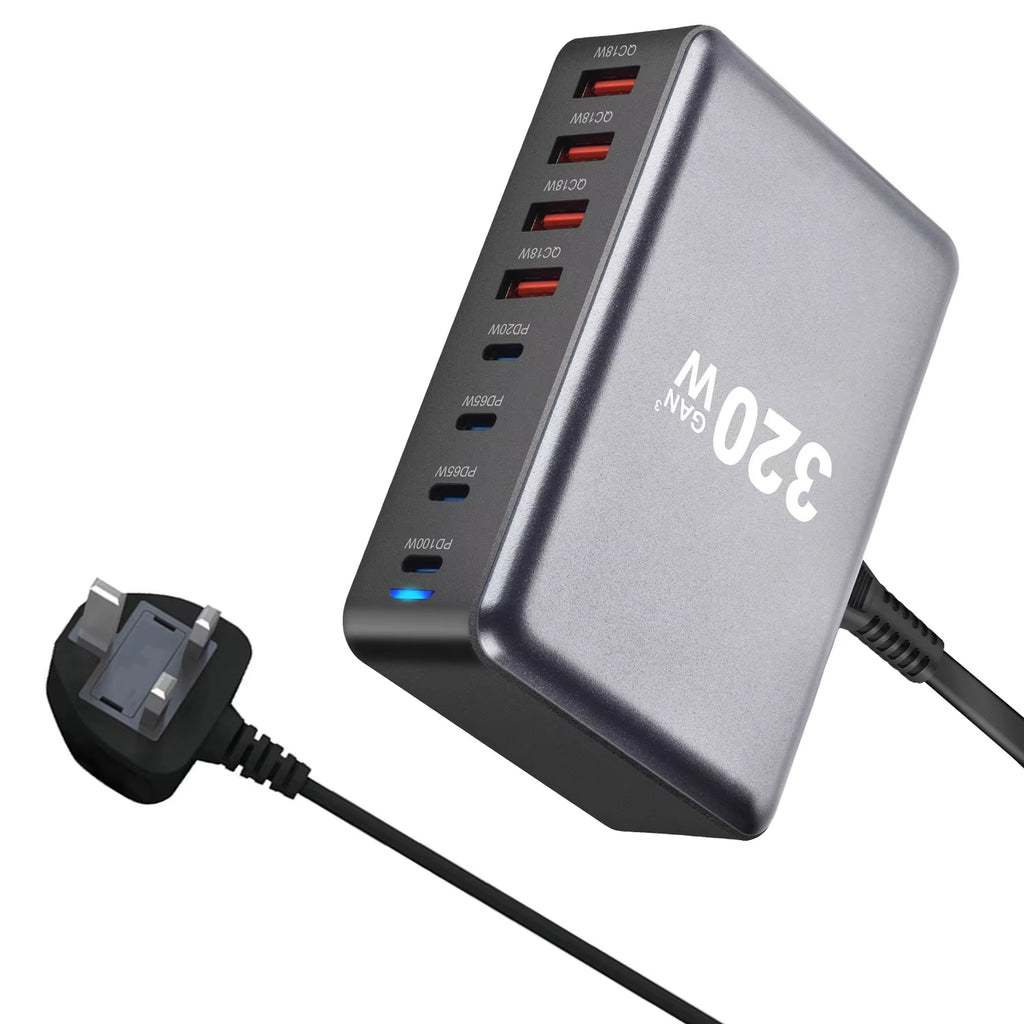 New 320W Desktop Charger Gan Fast Charging 8-Port C-Type PD Mobile Charging Station Is Suitable for Tablets and Smartphones