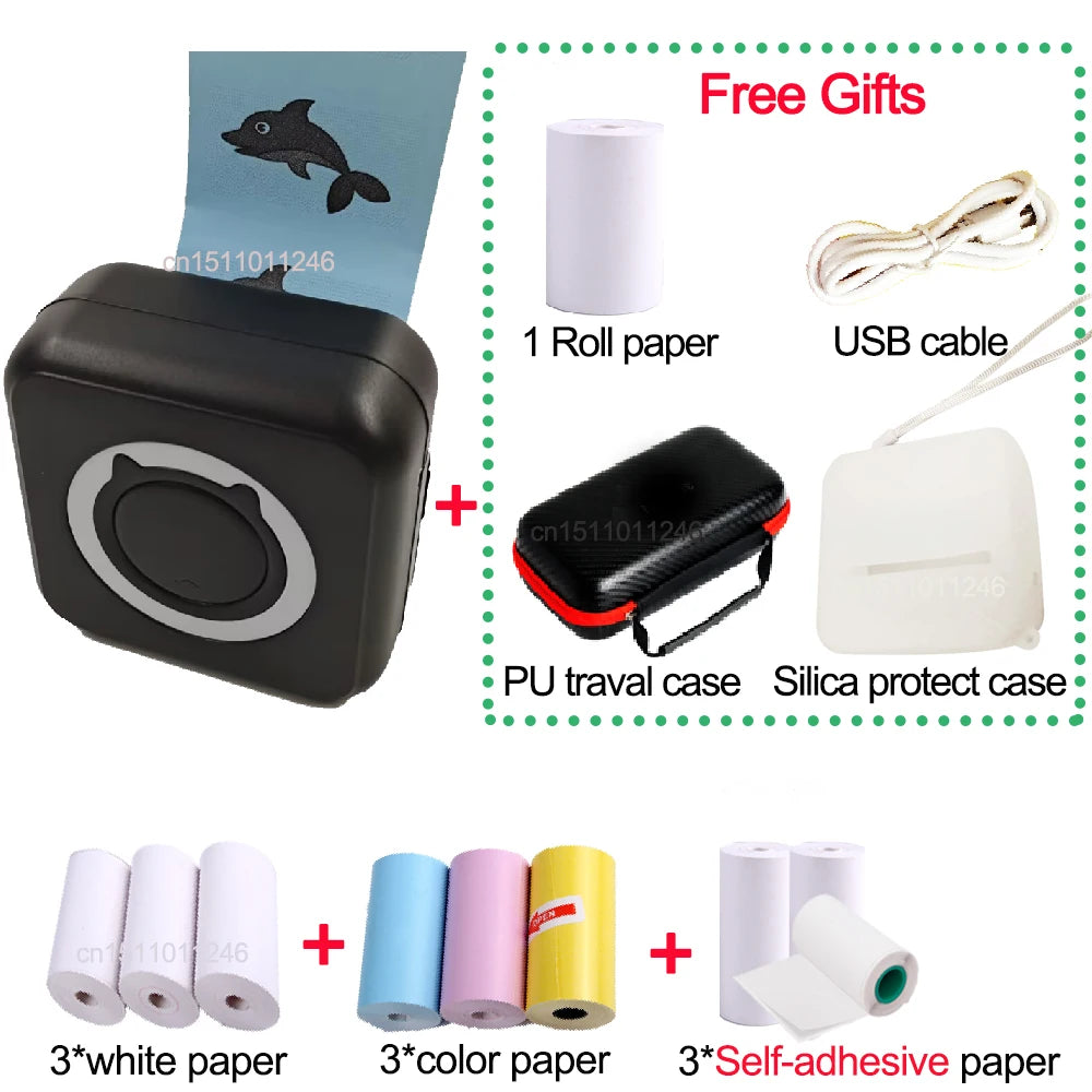 Pocket Thermal Printer Bluetooth 200Dpi Photo Label Memo List No Ink Printing Wireless Portable Mini Printer with PU Travel Case