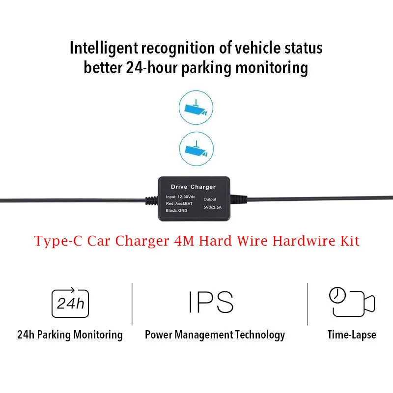 Original Type-C Buck Line 5V 3A DVR Hardwire Kit Car Dash Camera Charger 24H Parking Monitoring
