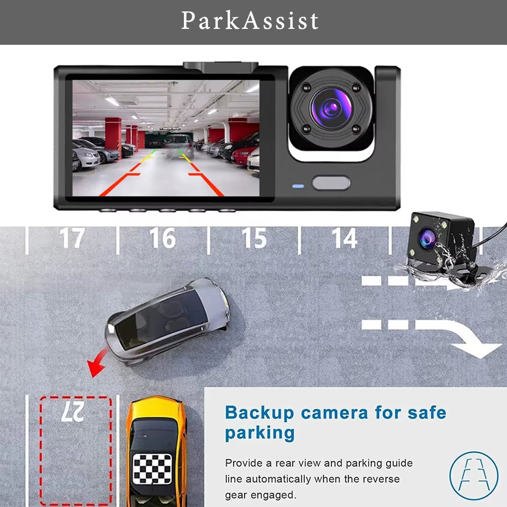 3 Channel Car DVR HD 1080P 3-Lens inside Vehicle Dash Camthree Way Camera Dvrs Recorder Video Registrator Dashcam Camcorder