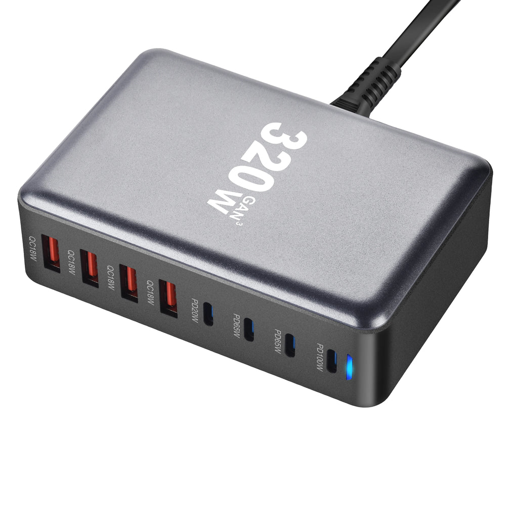 New 320W Desktop Charger Gan Fast Charging 8-Port C-Type PD Mobile Charging Station Is Suitable for Tablets and Smartphones