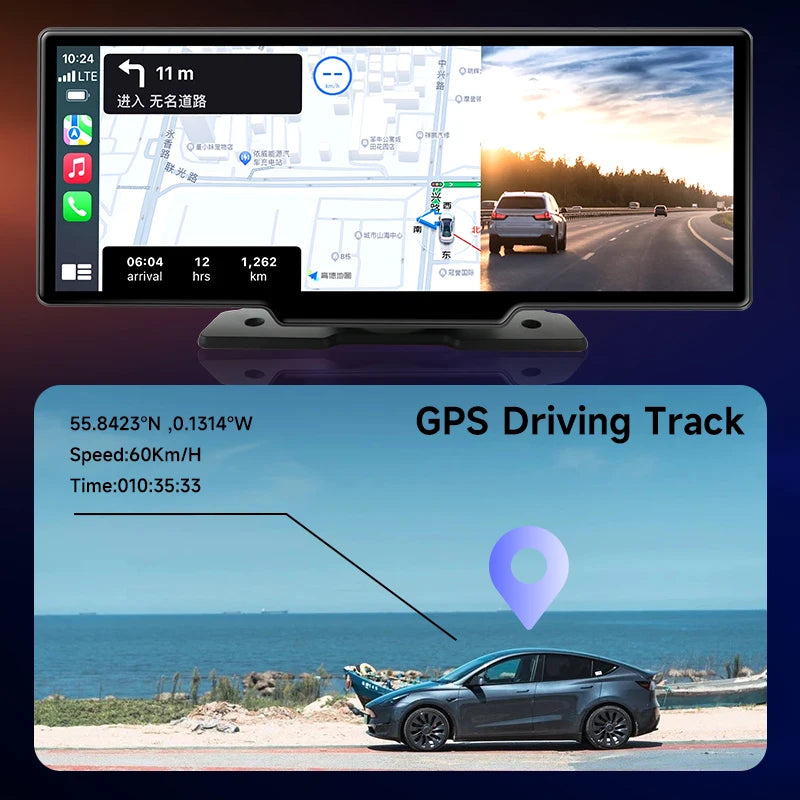 10.26" Car DVR Carplay Android Auto Dashcam 4K 3840*2160 Front and 1080P Rear Camera Voice Control GPS Wifi Recorder Dual Lens