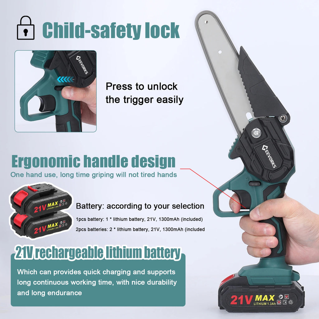21V 6Inch Portable Electric Pruning Saws Rechargeable Small Wood Spliting Chainsaw One-Handed Woodworking Tool for Garden Orchar