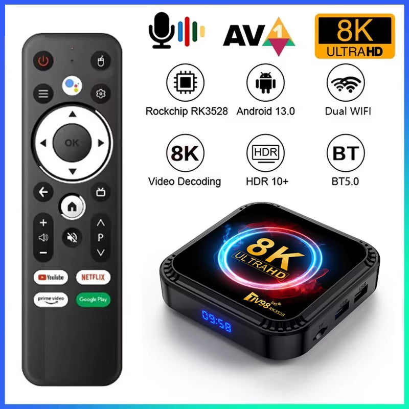 TV98 RK3528 TV Box Ultra HD 8K Smart TV Box Android 13 4GB 32GB 64GB Dual Wifi BT5.0 4G 5G Voice Remote Media Player Set Top Box