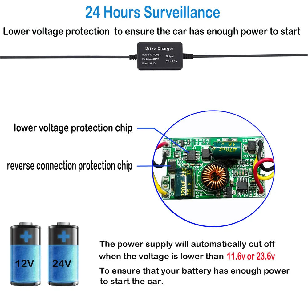 Original Type-C Buck Line 5V 3A DVR Hardwire Kit Car Dash Camera Charger 24H Parking Monitoring