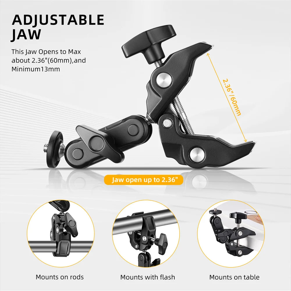 Super Clamp Camera Clamp Mount Monitor 360° Ballhead Magic Arm Adapter With1/4"-20 3/8" for Canon Nikon DSLR Camera/Gopro/Lights