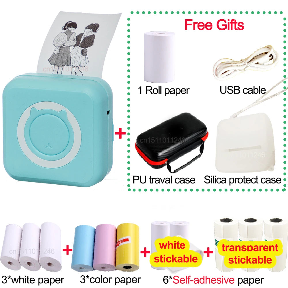 Pocket Thermal Printer Bluetooth 200Dpi Photo Label Memo List No Ink Printing Wireless Portable Mini Printer with PU Travel Case