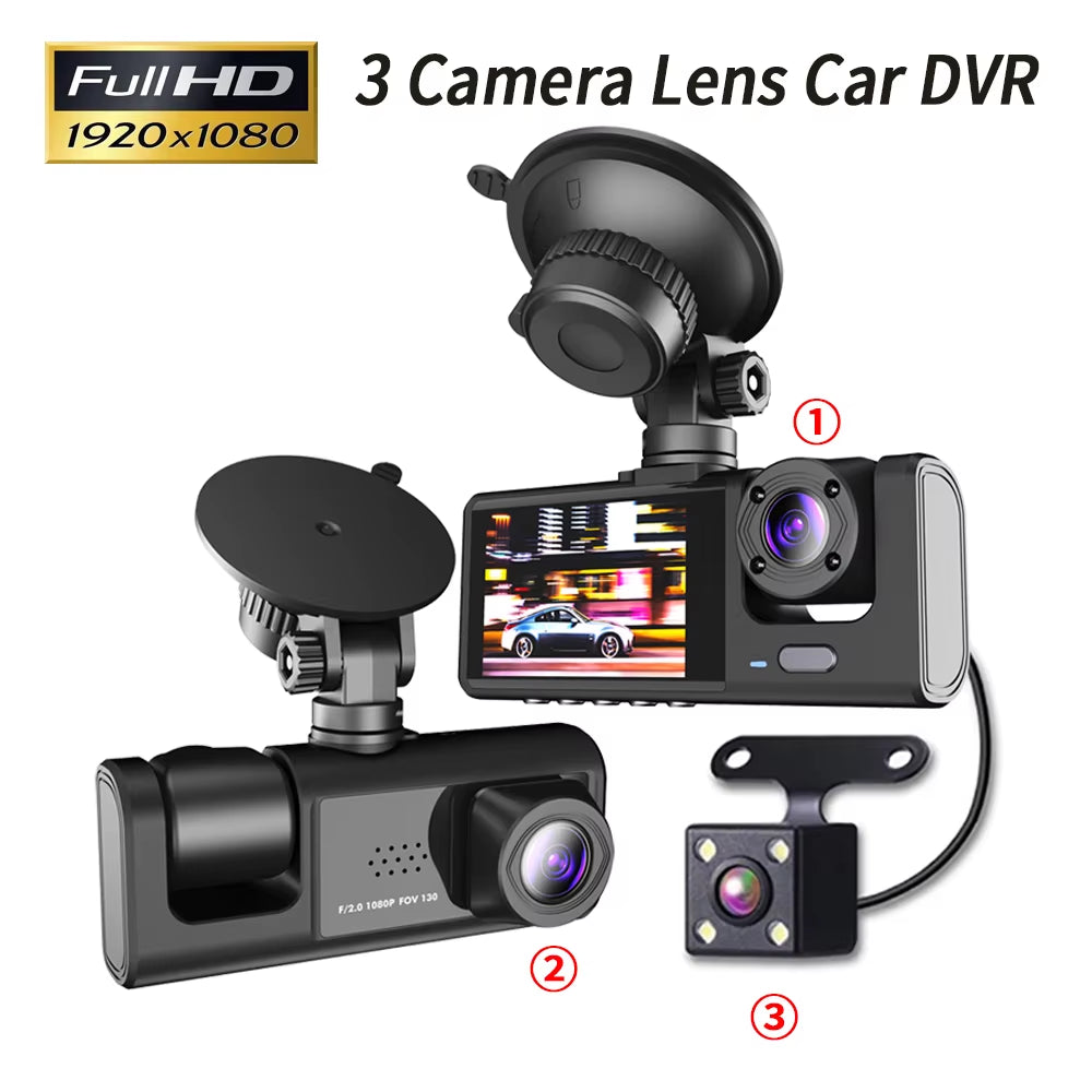 3 Channel Car DVR HD 1080P 3-Lens inside Vehicle Dash Camthree Way Camera Dvrs Recorder Video Registrator Dashcam Camcorder