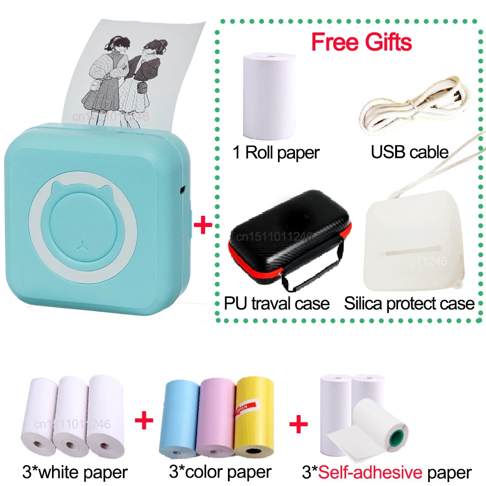 Pocket Thermal Printer Bluetooth 200Dpi Photo Label Memo List No Ink Printing Wireless Portable Mini Printer with PU Travel Case