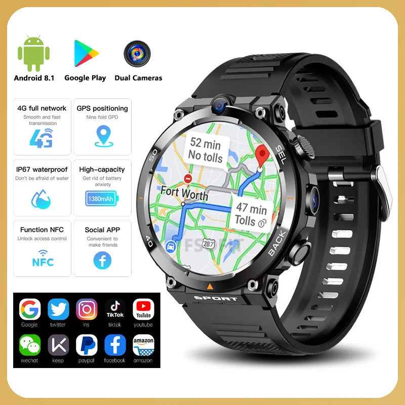 Google Play 1.39-Inch 4G Network SIM Card Smart Watch Dual Camera GPS WIFI NFC Rugged 64G-ROM IP67 Android Men Women Smartwatch